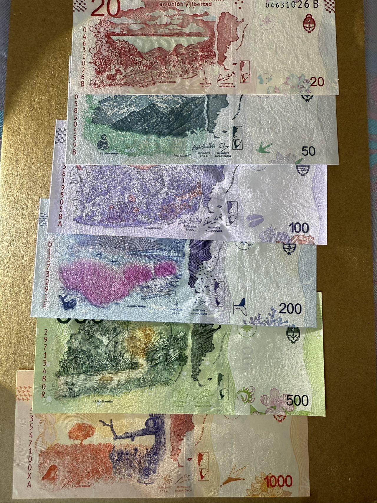 【炜奕收藏】，第三十九期 阿根廷20-1000比索，1000比索有一处角折，其他均全新品相，多张无47号码