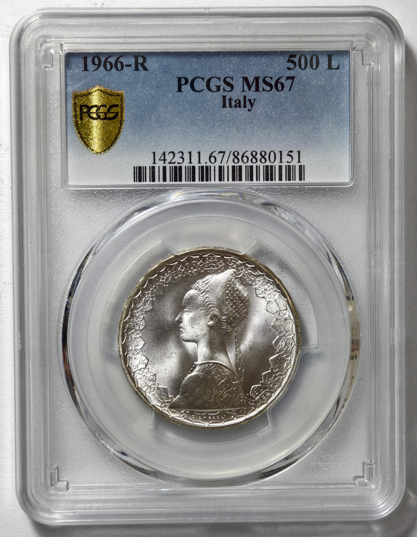 紫瑗钱币——第575期 意大利 1966年 R版 少女与帆船 500里拉 银币 PCGS MS67 高分