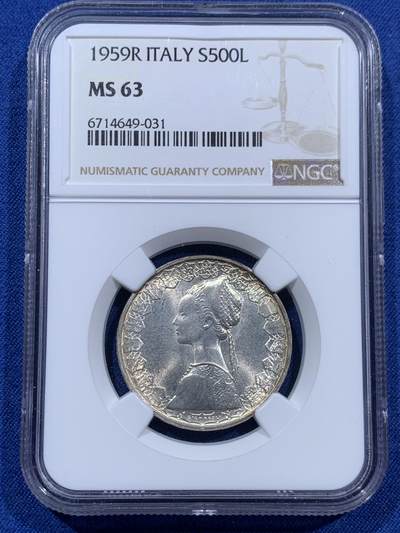 《竞宝斋》第401场 周日，周一，周二，3场连拍 （全场包邮） - NGC MS63 意大利1959年帆船少女500里拉银币