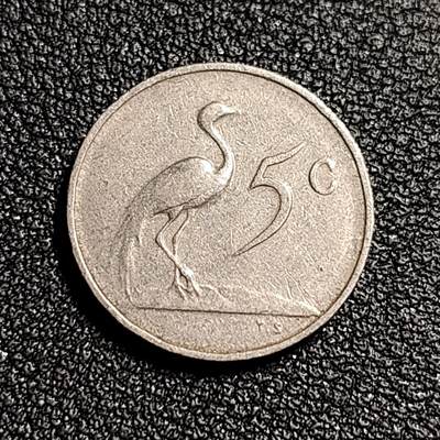 泉币菌-第52场-各国散币场 - 南非5分镍币 老国徽 蓝鹤 直径17.3MM