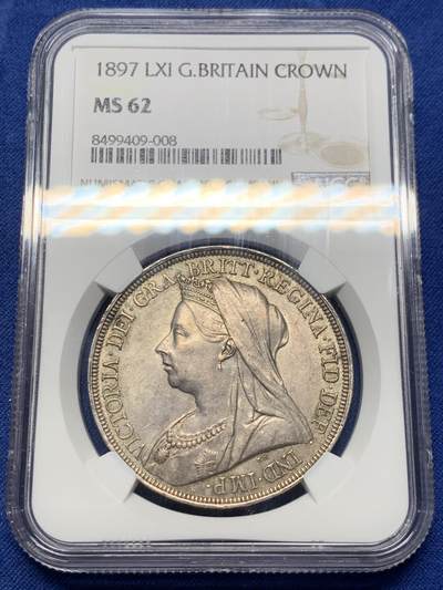 《竞宝斋》第401场 周日，周一，周二，3场连拍 （全场包邮） - NGC MS62 英国1897年维多利亚披纱1克朗银币