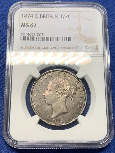 《竞宝斋》第401场 周日，周一，周二，3场连拍 （全场包邮） - NGC MS62 英国1874年维多利亚半克朗银币 年轻的小维好品半克朗一直是稀有类别 五彩包浆 细节极好