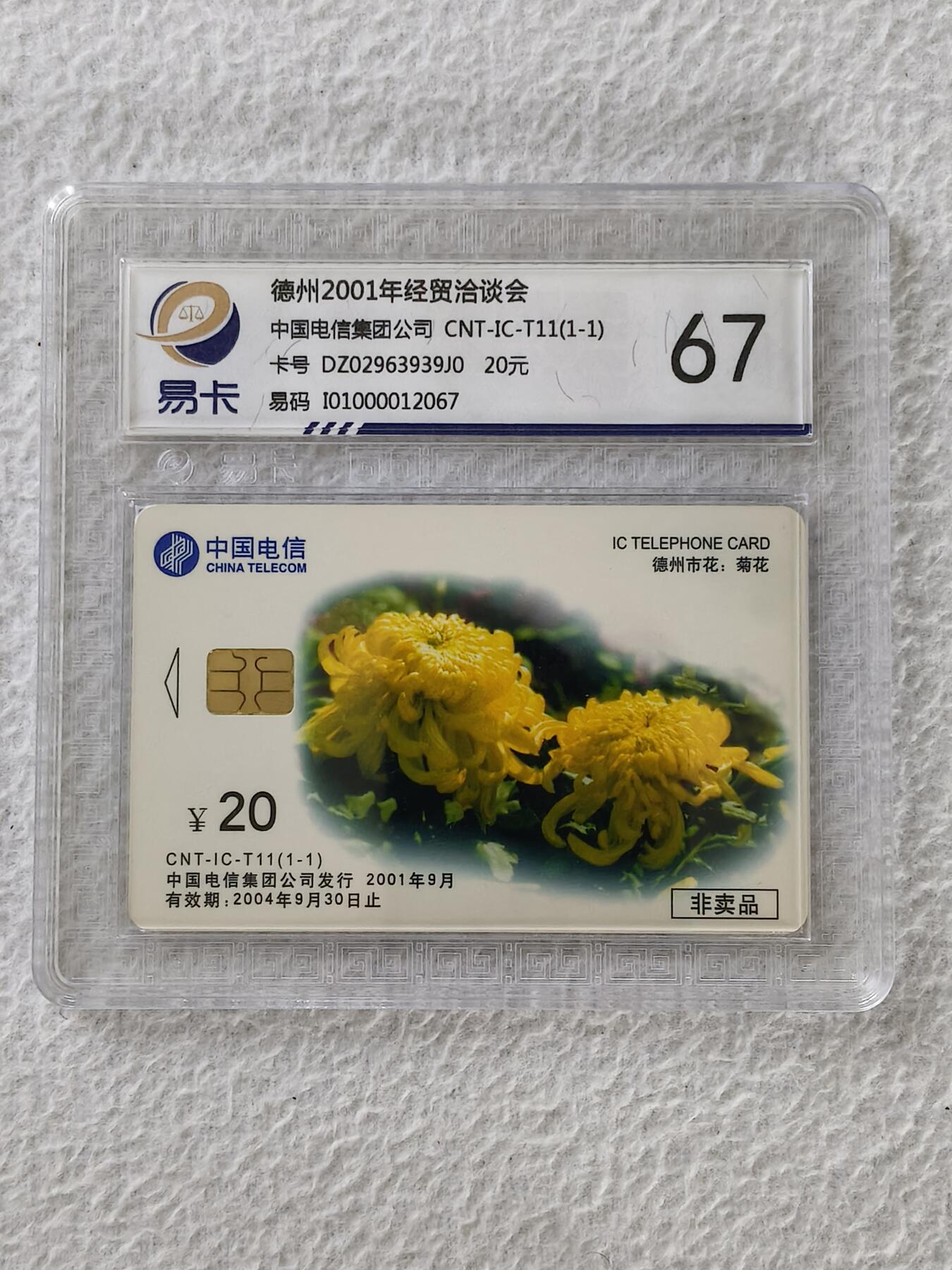 易卡拍卖第27期 IC——T11德州2001年经贸洽谈会（菊花）。DZ电总版。易卡鉴定评级评级67分。（豪华版）。如图所示！