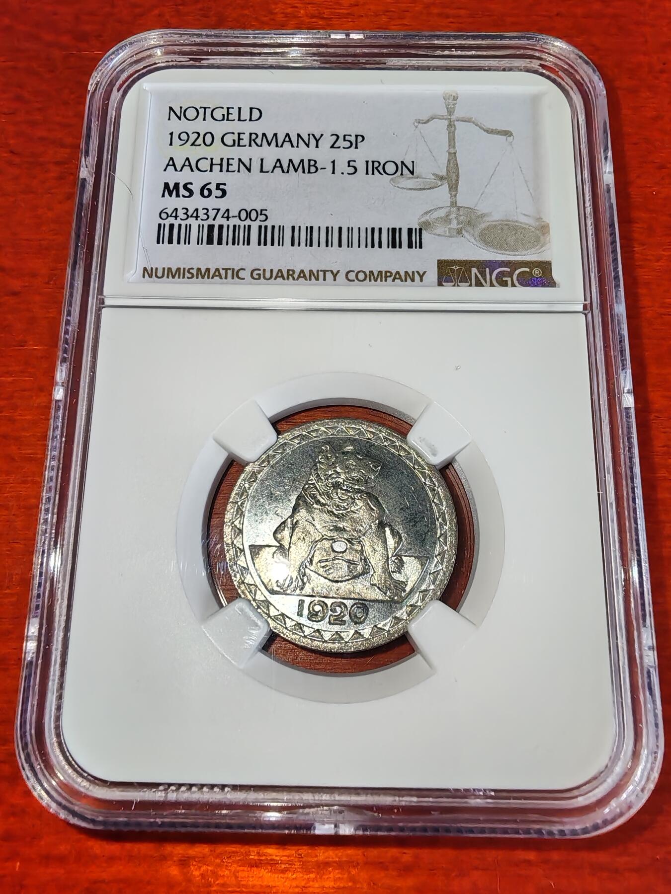 长老汇蛇年精选第二十二场拍卖 1920德紧亚琛无心狼25芬尼铁币，NGC MS65分，亚军分，更高分仅有一枚