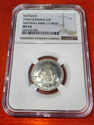 长老汇马年精选第十二场拍卖 - 1920德紧亚琛无心狼25芬尼铁币，NGC MS65分，亚军分，更高分仅有一枚