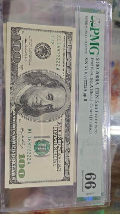 世界钱币～微拍第191期暨2025年第30期  继续清理库存 2006年美国大头100美元 豹子号777 PMG66E