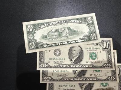 《外钞收藏家》第五百四十七期（本期稀少裸币、刀币、精品评级）（本平台长期征集拍品、欢迎藏友们联系合作） 1993年美国小头版10美元 四张一起 轻微黄潮斑