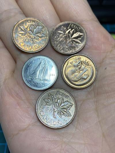 2025年第六十六场(总第九十二场）外国好品散币(免佣金) - 5枚：加拿大🇨🇦1974年、1973年1分、1984年10分、1965年1分，澳大利亚🇦🇺1990年1分
