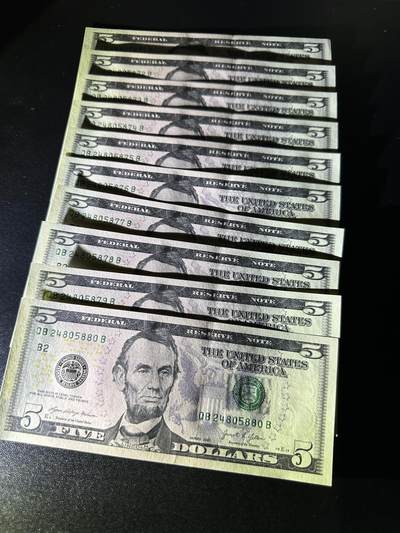 《外钞收藏家》第五百四十七期（本期稀少裸币、刀币、精品评级）（本平台长期征集拍品、欢迎藏友们联系合作） 2021年美国彩版5美元 标准10连号 全新UNC（71-80）