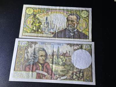 《外钞收藏家》第五百四十七期（本期稀少裸币、刀币、精品评级）（本平台长期征集拍品、欢迎藏友们联系合作） 法国5法郎 巴斯德+10法郎 伏尔泰 两张一起  非全新 品相如图