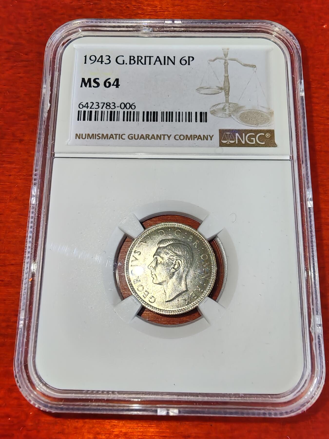 长老汇蛇年精选第二十二场拍卖 1943 英国乔治六世6便士银币，NGC MS64，冠军
