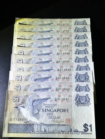 《外钞收藏家》第五百四十七期（本期稀少裸币、刀币、精品评级）（本平台长期征集拍品、欢迎藏友们联系合作） 新加坡鸟版1元 标准10连号（41-50）全新 有轻微潮斑