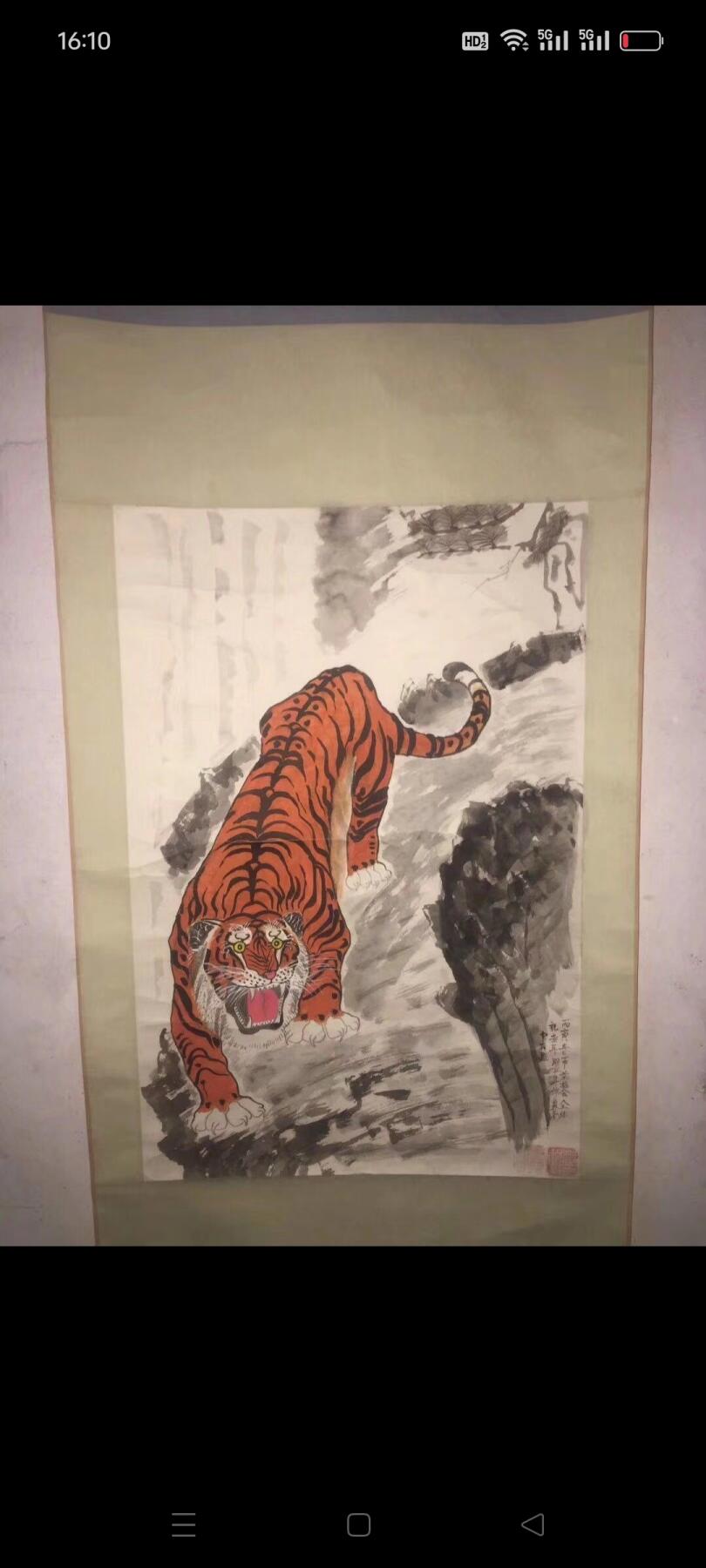 名人手绘“红虎”下山虎，款是藏古轩的，落款是中石的，红红火火甚是漂亮，包老包真包手绘，这幅画很有研究价值，都在字款里了，喜欢的朋友速度。尺寸1.70/0.53米