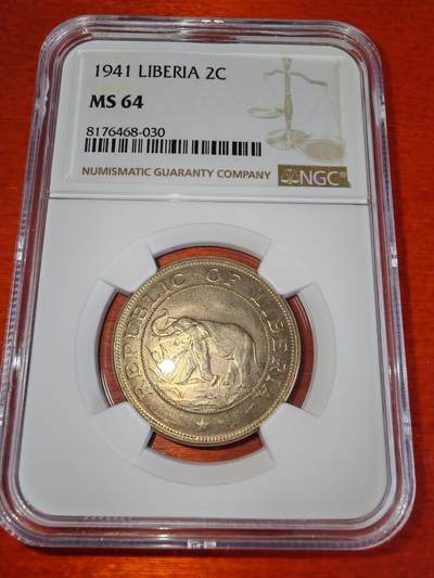 长老汇蛇年精选第二十二场拍卖 - 1941 利比里亚大象2分铜镍币，NGC MS64