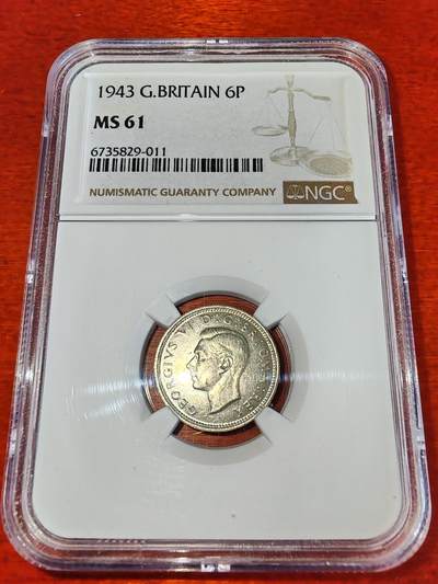长老汇蛇年精选第二十二场拍卖 - 1943 英国乔治六世6便士银币，NGC MS61