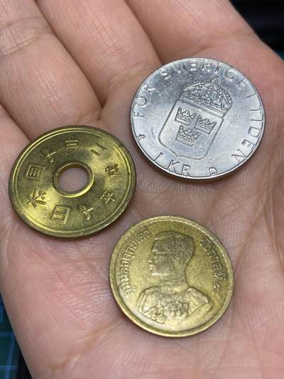 2025年第六十六场(总第九十二场）外国好品散币(免佣金) - 3枚：日本🇯🇵平成二年5円，瑞典🇸🇪1989年1克朗，泰国🇹🇭1957年25萨当