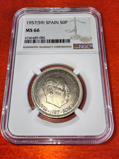 长老汇马年精选第三场拍卖 - 1957(59) 西班牙弗朗哥50比塞塔铜镍币，NGC MS66，冠军
