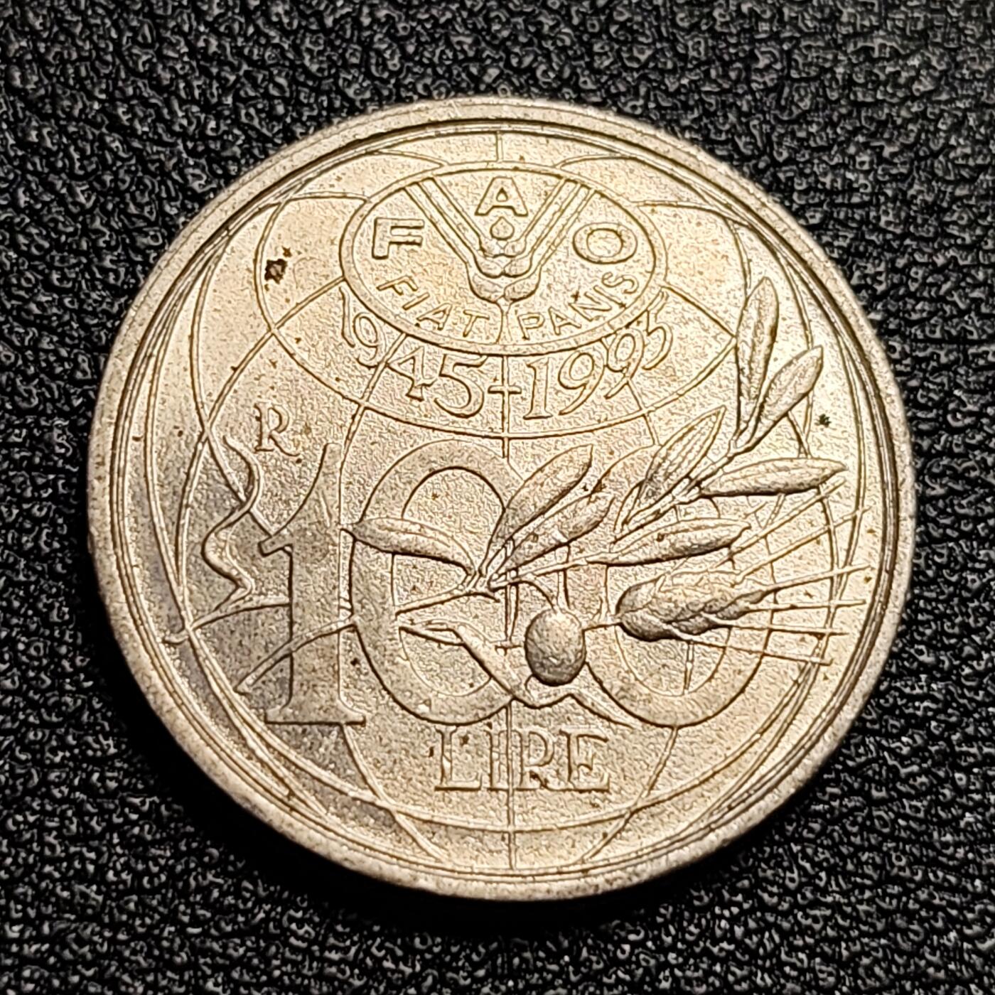 泉币菌-第54场-各国散币场 带光意大利1995年100里拉镍币 FAO联合国粮农组织 成立50周年纪念币  22mm4.5g