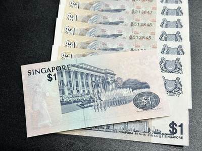 《外钞收藏家》第五百四十七期（本期稀少裸币、刀币、精品评级）（本平台长期征集拍品、欢迎藏友们联系合作） 新加坡鸟版1元 标准10连号（41-50）全新 有轻微潮斑