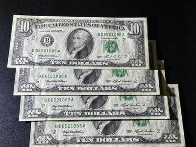 《外钞收藏家》第五百四十七期（本期稀少裸币、刀币、精品评级）（本平台长期征集拍品、欢迎藏友们联系合作） 1993年美国小头版10美元 四张一起 轻微黄潮斑