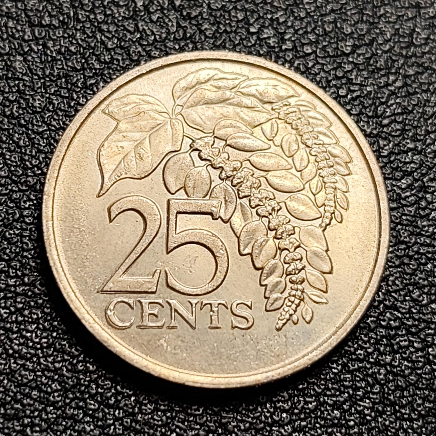 泉币菌-第54场-各国散币场 带光美品 特立尼达和多巴哥1976年25分铜镍币，国花一品红，20mm，美洲硬币