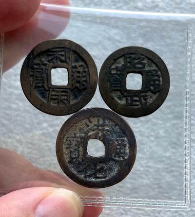 中国台湾新台币振兴经济消费券/民国钞，新年生肖铜章，一盎司精制纪念银币，新疆喀造饷银五钱双旗银币，清末民国老物件(铃铛、镯子、银链、发簪)，中国历代古钱币含乾元重宝折五十重轮，彼得堡世界钱币勋章拍卖第130期 - 清初三藩钱，吴家3枚套：利用通宝、昭武通宝、洪化通宝，吴三桂及其孙吴世璠铸。第二组