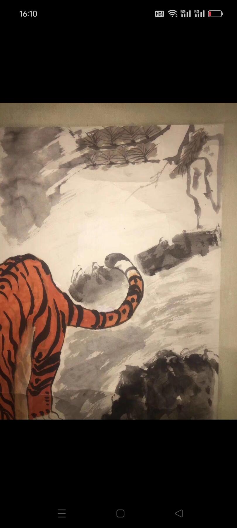 名人手绘“红虎”下山虎，款是藏古轩的，落款是中石的，红红火火甚是漂亮，包老包真包手绘，这幅画很有研究价值，都在字款里了，喜欢的朋友速度。尺寸1.70/0.53米