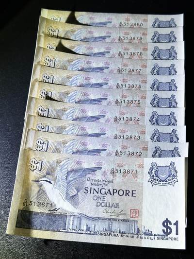 《外钞收藏家》第五百四十七期（本期稀少裸币、刀币、精品评级）（本平台长期征集拍品、欢迎藏友们联系合作） 新加坡鸟版1元 标准10连号（71-80）全新 有轻微潮斑