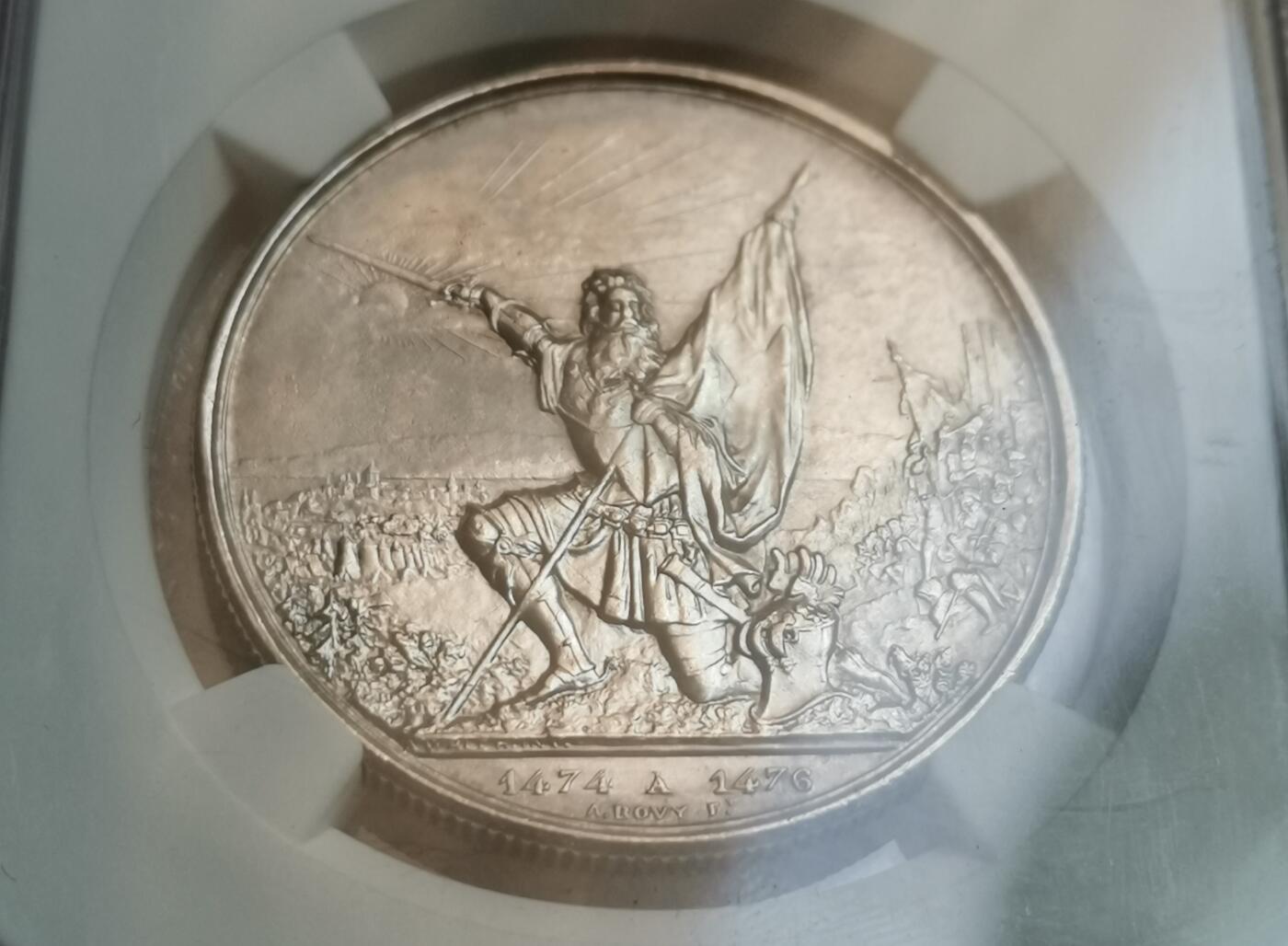 瓶子🏺第199期拍卖会  瑞士1874年圣加仑5法郎射击节纪念银币  NGC MS63  带车轮光