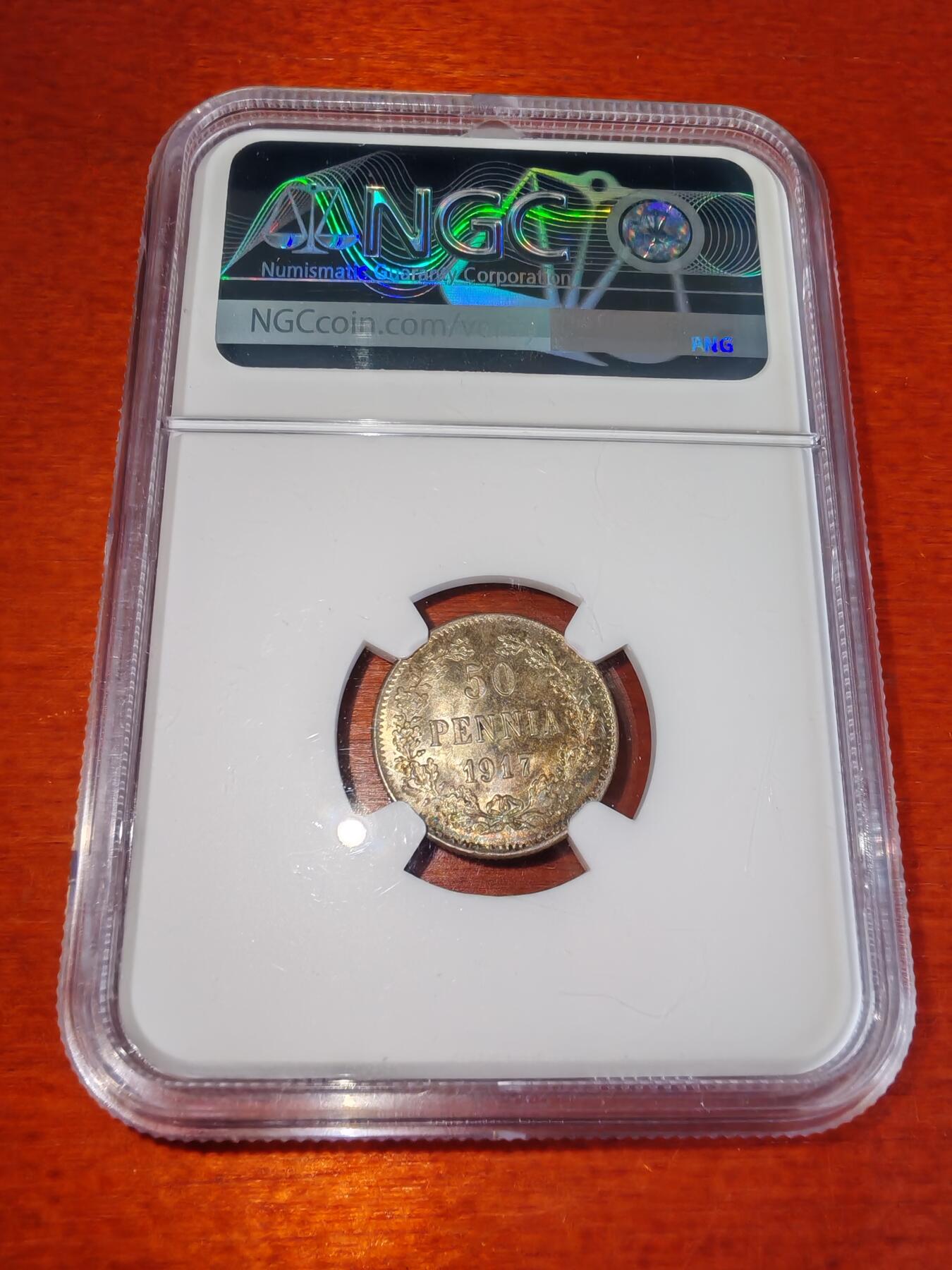 长老汇蛇年精选第二十二场拍卖 1917 芬兰内战发行50盆尼银币，NGC MS64，双头鹰无皇冠