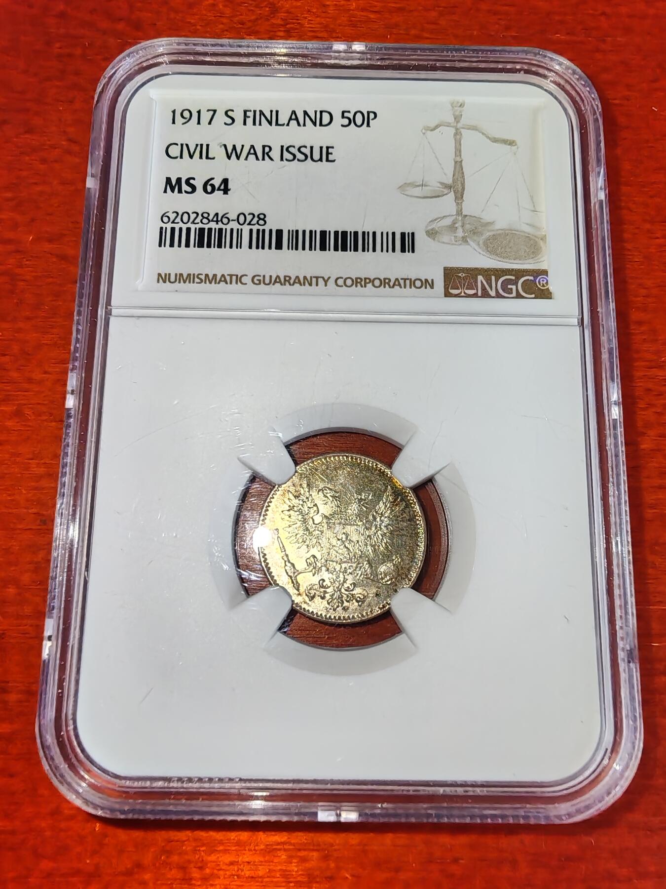 长老汇蛇年精选第二十二场拍卖 1917 芬兰内战发行50盆尼银币，NGC MS64，双头鹰无皇冠