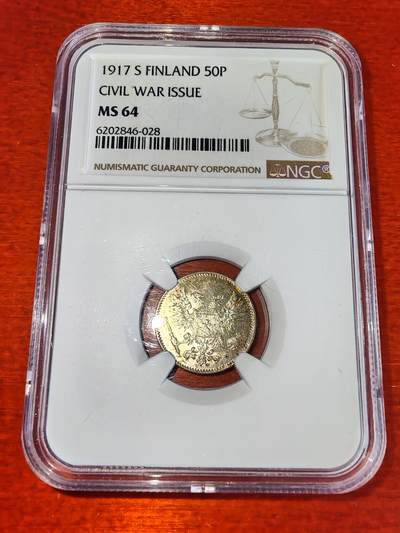 长老汇蛇年精选第二十二场拍卖 - 1917 芬兰内战发行50盆尼银币，NGC MS64，双头鹰无皇冠