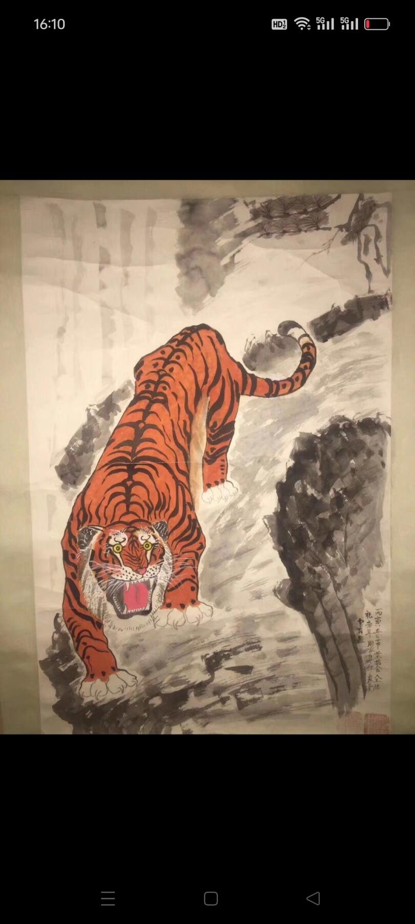 名人手绘“红虎”下山虎，款是藏古轩的，落款是中石的，红红火火甚是漂亮，包老包真包手绘，这幅画很有研究价值，都在字款里了，喜欢的朋友速度。尺寸1.70/0.53米