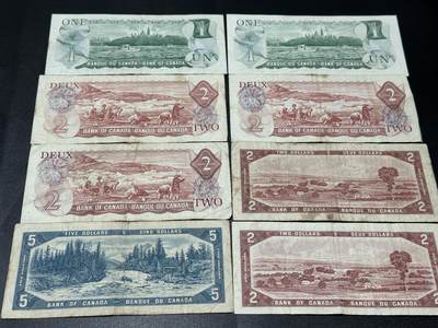 《外钞收藏家》第五百四十七期（本期稀少裸币、刀币、精品评级）（本平台长期征集拍品、欢迎藏友们联系合作） 加拿大两个版本1、2、5加元 非全新 品相如图