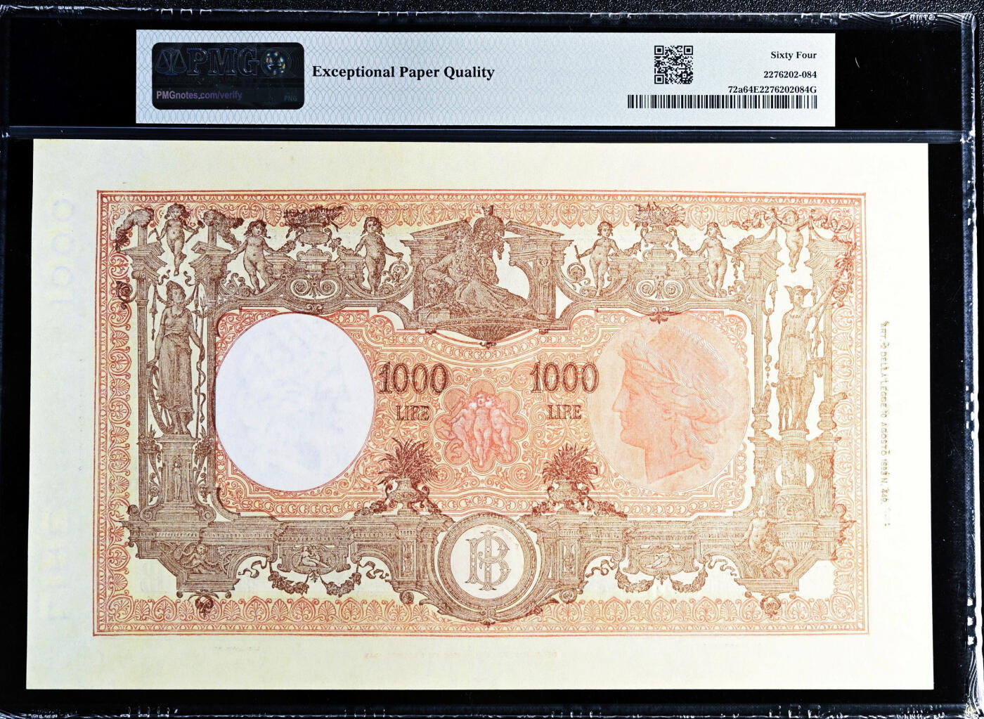 【Blue Auction】世界纸币精拍第696期【精】——18级TOP拍卖/信誉/品质/专业/高效💫 【p72a 仅1张更高分 唯一亚军分】意大利 1943年1000里拉 超大票幅 设计精美 PMG64EPQ 