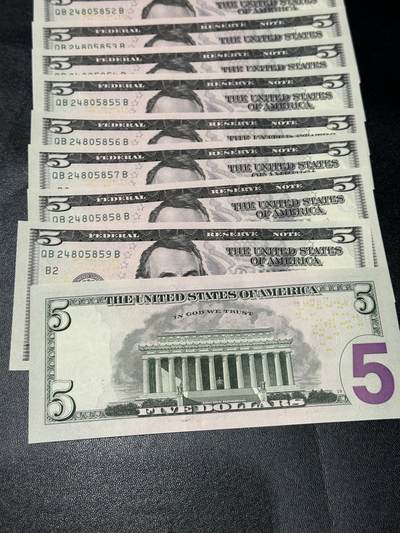 《外钞收藏家》第五百四十七期（本期稀少裸币、刀币、精品评级）（本平台长期征集拍品、欢迎藏友们联系合作） 2021年美国彩版5美元 标准10连号 全新UNC（51-60）