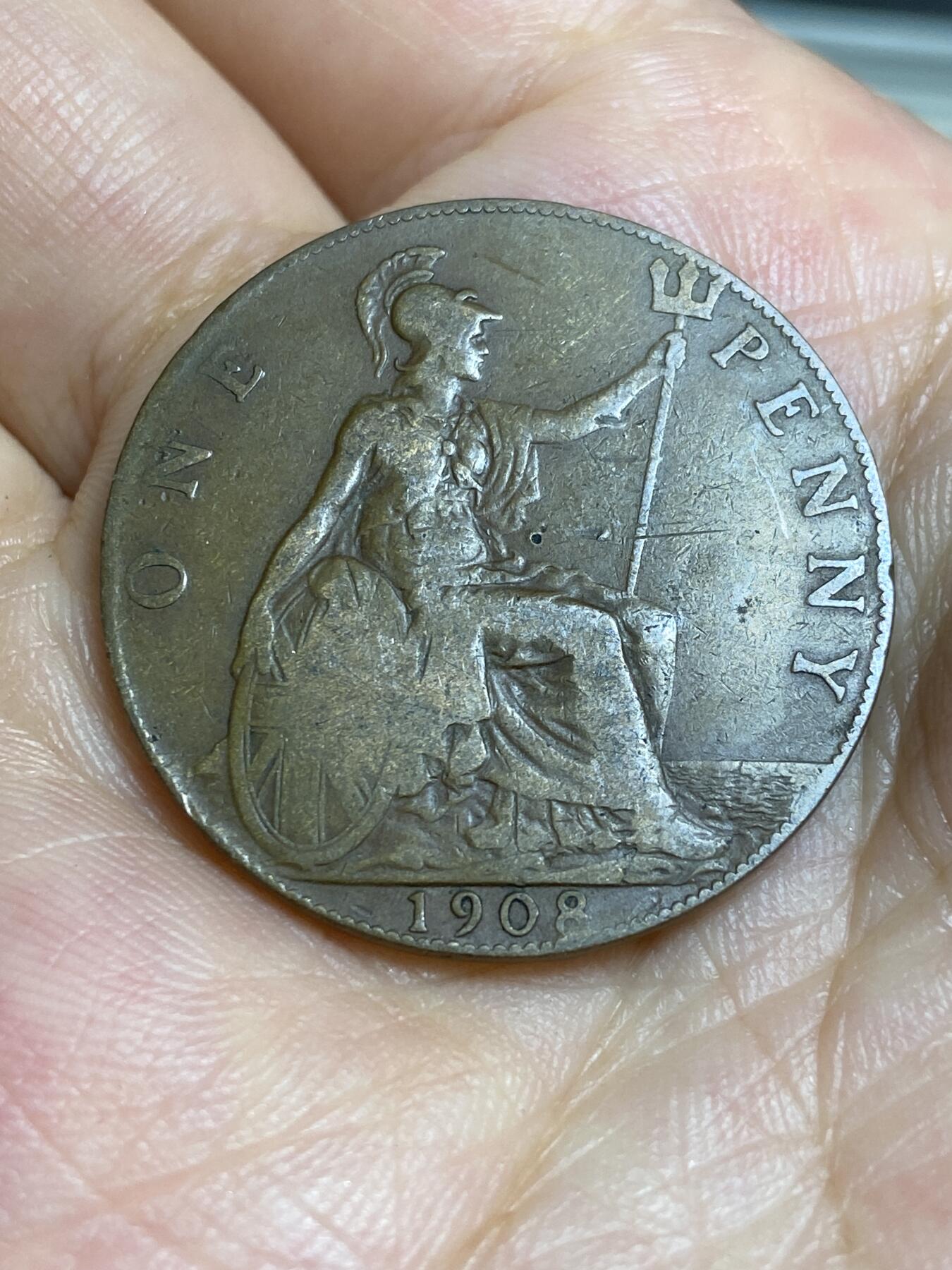2025年第六十七场(总第九十三场）外国好品散币(免佣金) 英国🇬🇧1908年1便士(爱德华七世时期，有戳记)