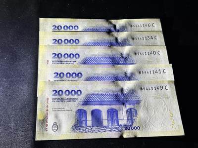 《外钞收藏家》第五百四十七期（本期稀少裸币、刀币、精品评级）（本平台长期征集拍品、欢迎藏友们联系合作） 2024年阿根廷2万比索 五张一起 40、41、46、49、34