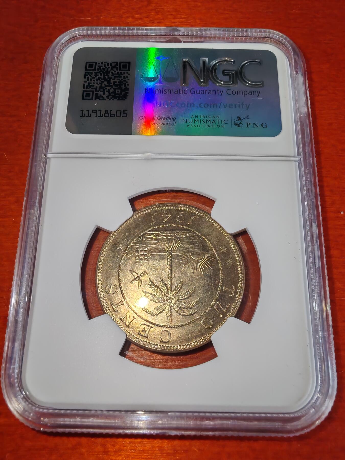 长老汇蛇年精选第二十二场拍卖 1941 利比里亚大象2分铜镍币，NGC MS64