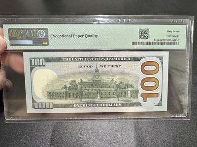 《外钞收藏家》第五百四十七期（本期稀少裸币、刀币、精品评级）（本平台长期征集拍品、欢迎藏友们联系合作） 2021年美国彩版100美元 PMG67 无47豹子号888