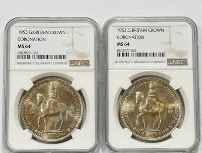 博洋堂世界钱币拍卖第131期（全场包邮） - NGC MS64 英国1953年伊丽莎白二世登基纪念克朗2枚一对