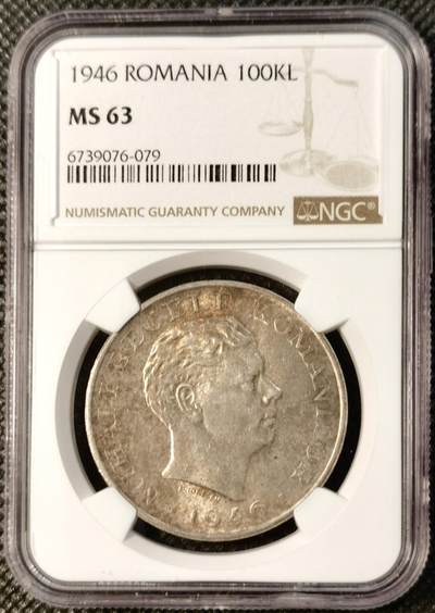  甄臻铺-世界币章拍卖（第25期），送拍享返佣金等优惠多多 - NGC-MS63 罗马尼亚王国1946年米哈伊一世100000列伊银币。罗马尼亚王国银币最大面额，关门币。正面是末代国王米哈伊一世，背面是国徽及裹头巾罗马尼亚妇女双手祈祷，祈望和平鸽降临。灰常富有象征意义和时代特色。