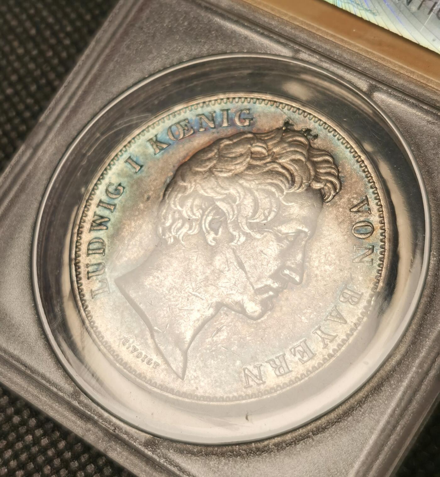  甄臻铺-世界币章拍卖（第25期），送拍享返佣金等优惠多多 ANACS-AU50 1842年巴伐利亚马克西米利安王储大婚纪念2泰勒，墨绿色炫彩透出幽静的感觉，老黄盒子