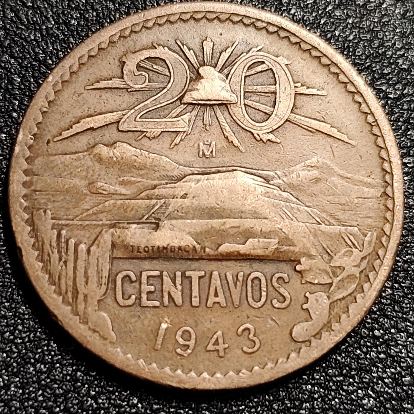 泉币菌-第56场-各国散币场 少见早年份 墨西哥早期1943年 二战期间 20分 大铜币 金字塔 28.6mm