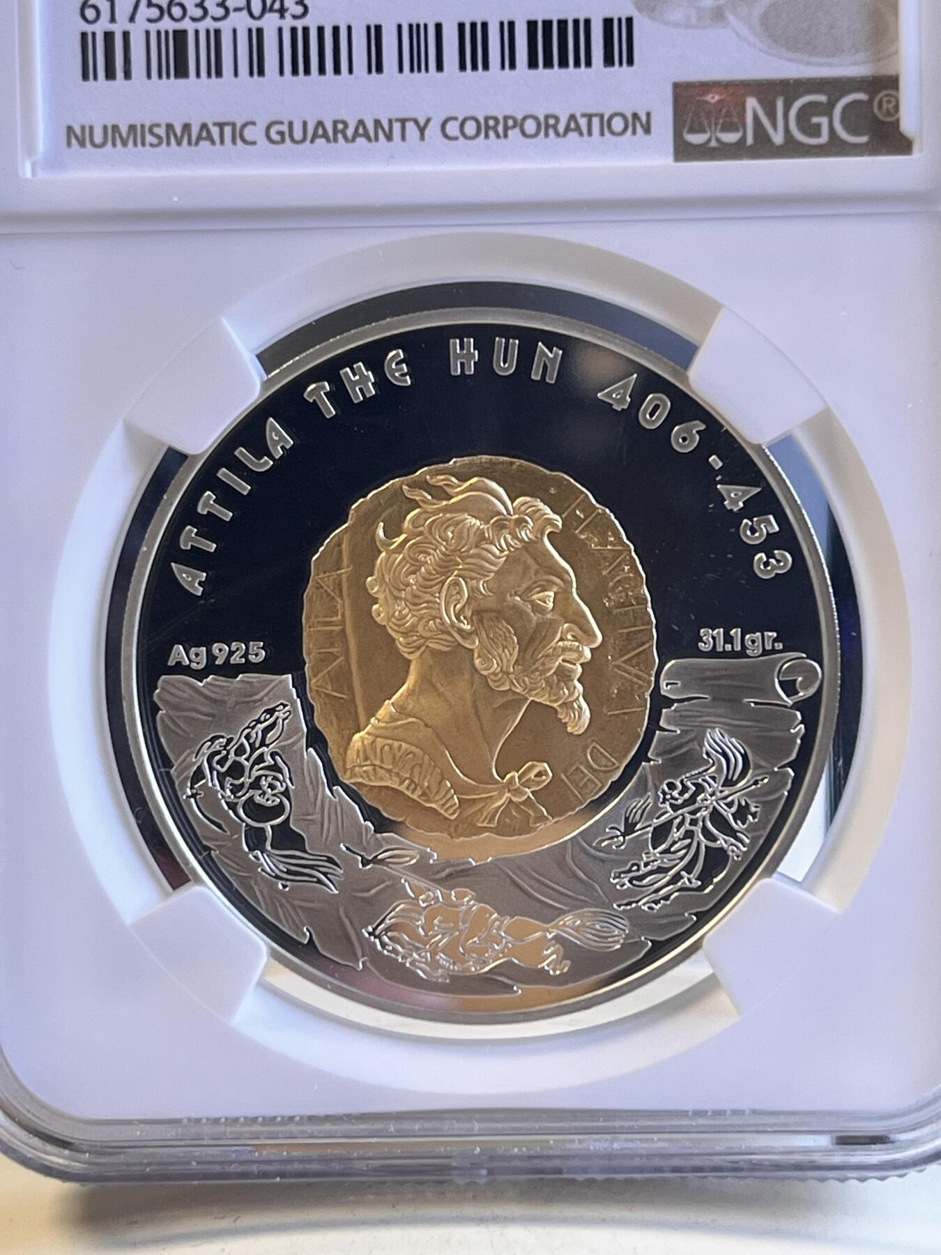 第166期拍卖【长期征集拍品】 获奖哈萨克斯坦2009年匈奴王阿提拉镀金纪念银币NGC-PF70无盒无证书，925银镀金，发行13000枚，2010年硬币之星世界纪念币大赛 年度最佳硬币大奖 第3名；2011年度世界硬币大奖“最佳历史意义币”