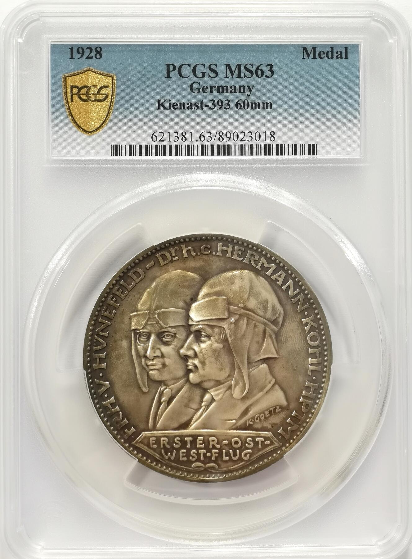 博洋堂世界钱币拍卖第131期（全场包邮） PCGS MS63 卡尔-哥茨作品 德国1928年不莱梅号首次跨大西洋飞行 纪念银章，稀有的60mm大型纪念章，背面两只海兽托举的丘比特，手持海螺号角，象征航海与航空的联结，兼具神话浪漫色彩。2019年德国拍卖会以1200欧成交类似银章，大型银章发行量极少，极具收藏价值。