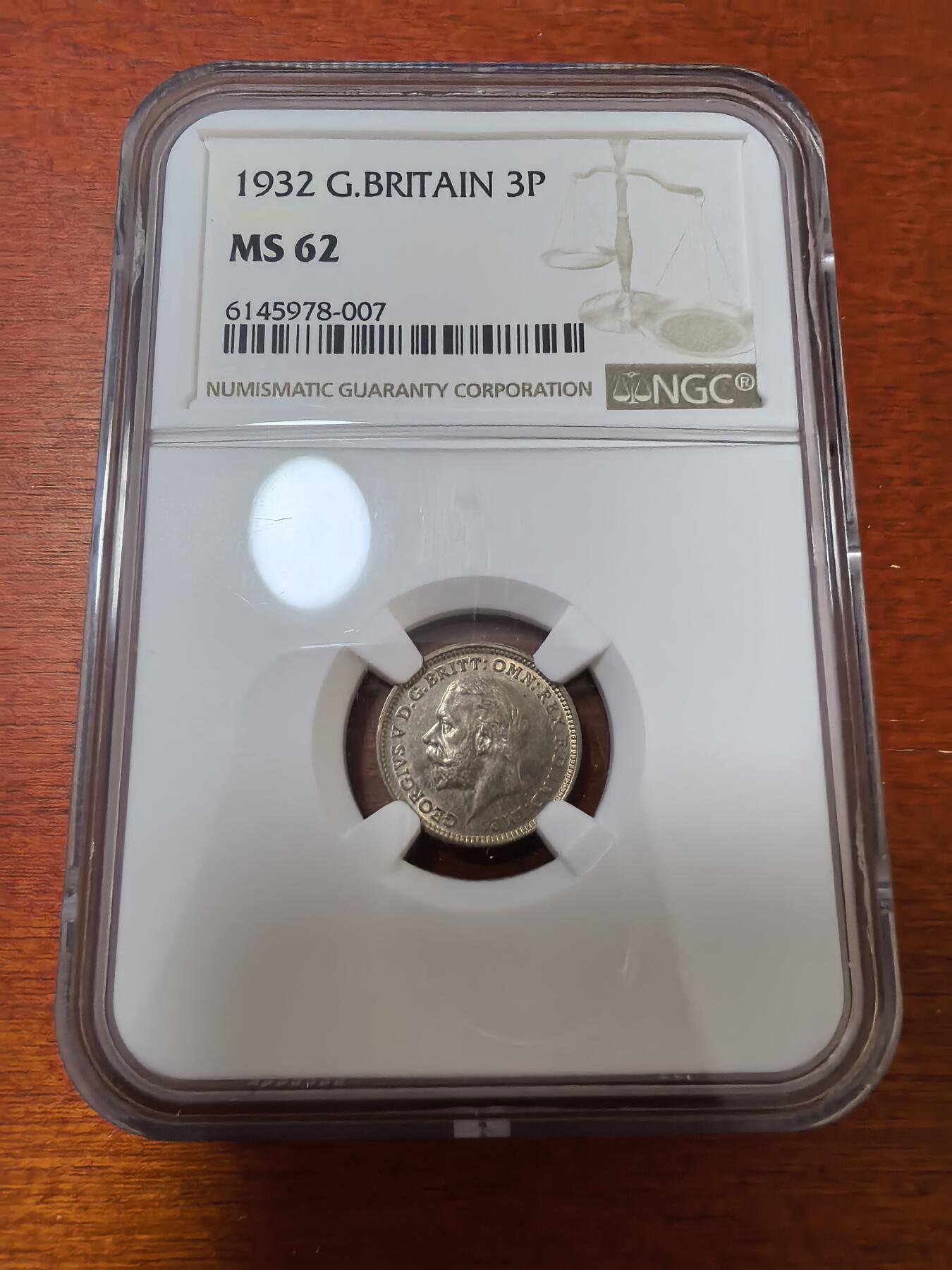 长老汇蛇年精选第二十三场拍卖 1932 英国乔治五世3便士银币，NGC MS62