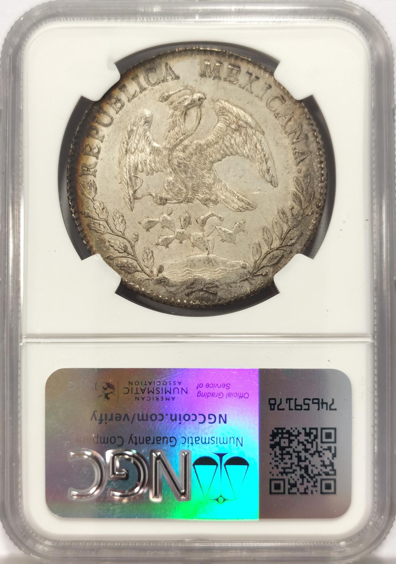 博洋堂世界钱币拍卖第131期（全场包邮） NGC MS62 墨西哥1896年ZS FZ版花边鹰洋，原状态月牙彩，石灰窖藏，模裂纹清晰
