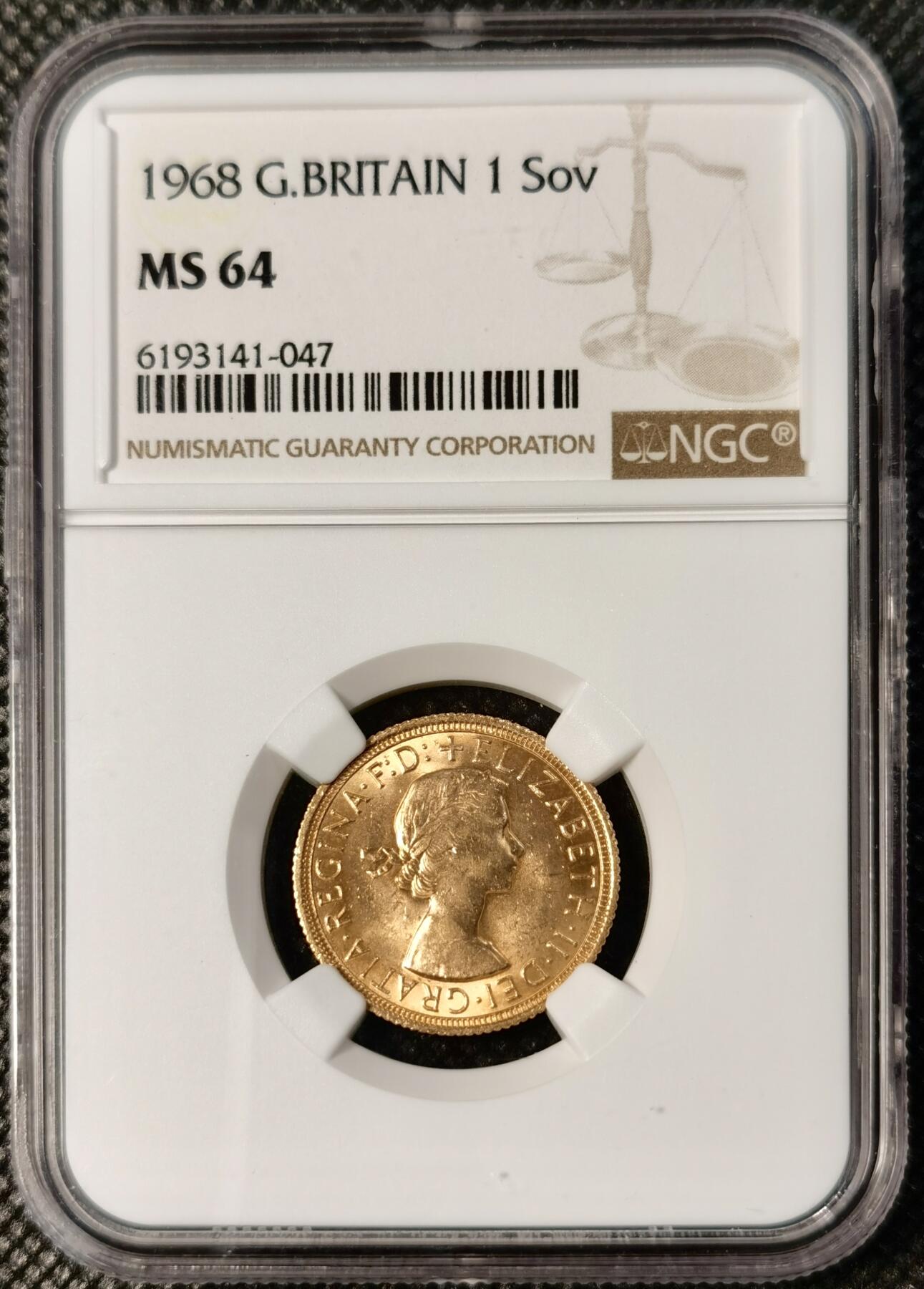  甄臻铺-世界币章拍卖（第25期），送拍享返佣金等优惠多多 NGC-MS64 英国1968年伊丽莎白二世1索维林金币