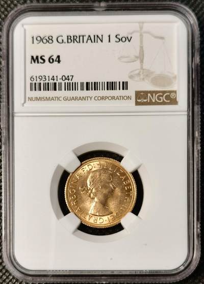  甄臻铺-世界币章拍卖（第25期），送拍享返佣金等优惠多多 - NGC-MS64 英国1968年伊丽莎白二世1索维林金币